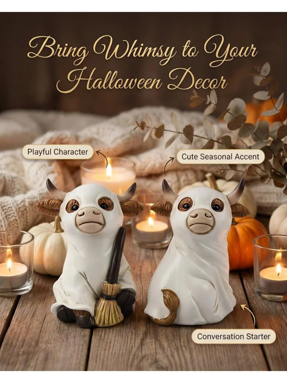 Highland Cow Ghost Set Of 2 Figurines Halloween Farmhouse Décor Decoration